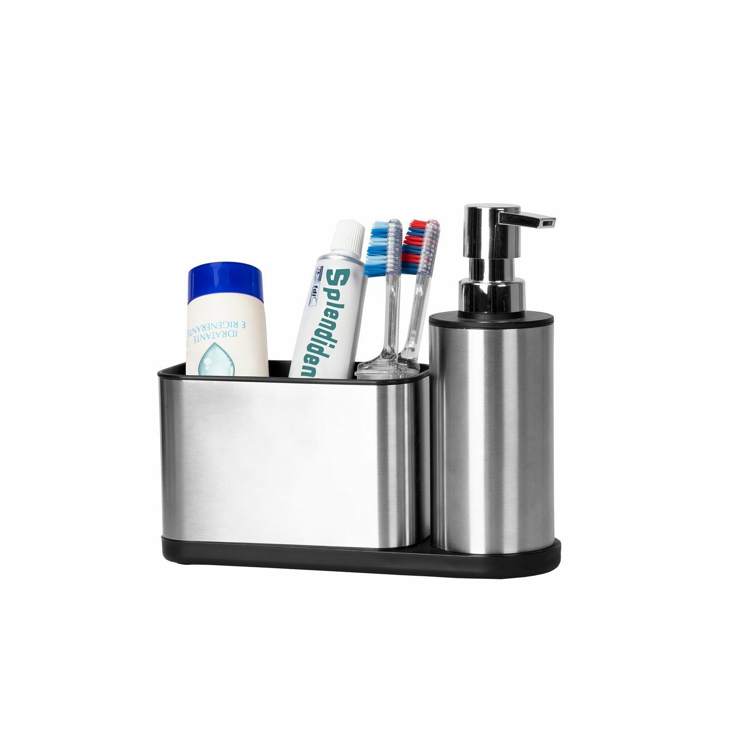 VESTIAMO CASA - Dispenser Sapone con portaoggetti in acciaio 2 scomparti - h17,5x20,3x7 cm